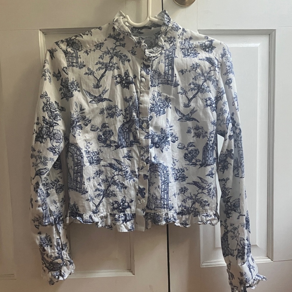 Blue and White Floral Ruffle Neck Long-Sleeve Blouse
